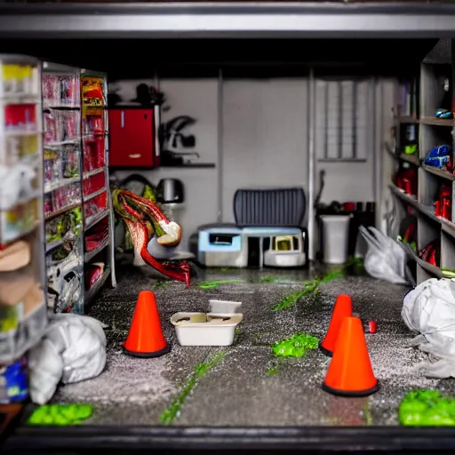 Prompt: garage with carnivorous plants on the shelves and packing peanuts on the floor, scene from tv show hyper detailed 5 5 mm 8 5 mm, toy photography, made out of plastic