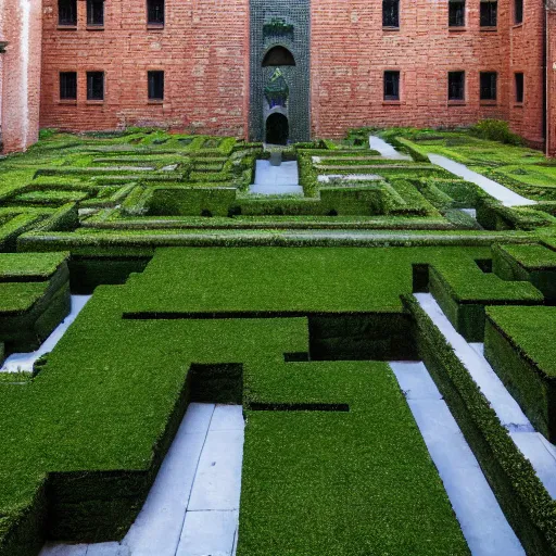 Image similar to courtyard complex of a labyrinthine monastary made of iteratively stacked voxel bricks, fusion of carlo scarpa and louis kahn, moss and ivy growing on the bricks, architectural photography