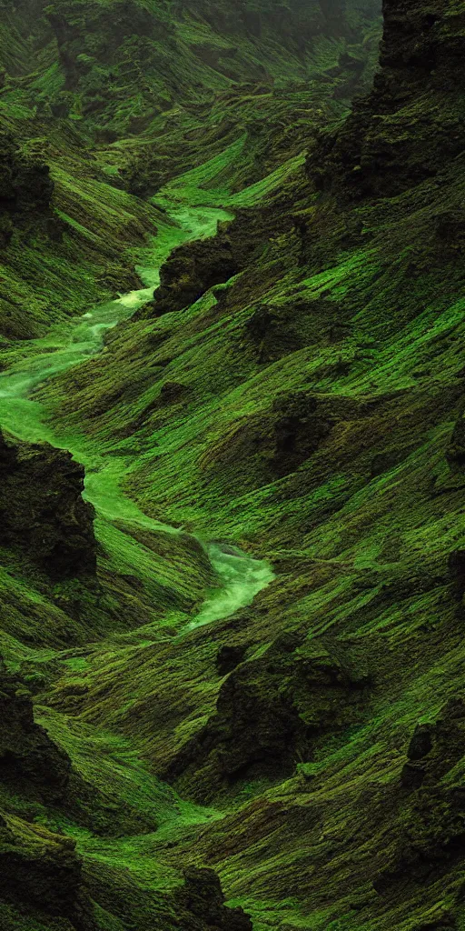 Image similar to dream looking through a hyper realistic photograph of a fertile lush canyon, minimal structure, misty, raining, meditative, icelandic valley, small stream, in the style of reuben wu, roger deakins