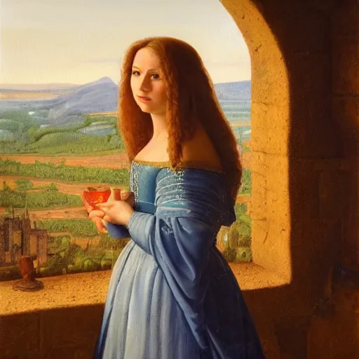 Prompt: very very very beautiful and detailed oil painting of a medieval princess staring sadly out of a castle window onto a sunlit landscape during dusk, 8k