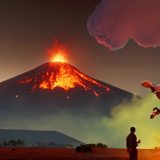 Prompt: baseball stadium invaded on the 4 th of july by alien, volcano eruption in the background, foreground has a surfer surfing radioactive waste, highly detailed, 8 k, unreal engine, sharp focus, artstation, cinematic shot