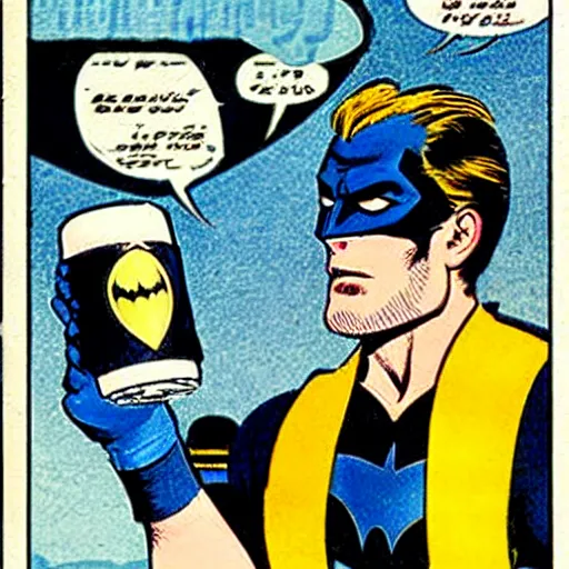 Image similar to Batman drinking a blue slushie in the style of a vintage comic book