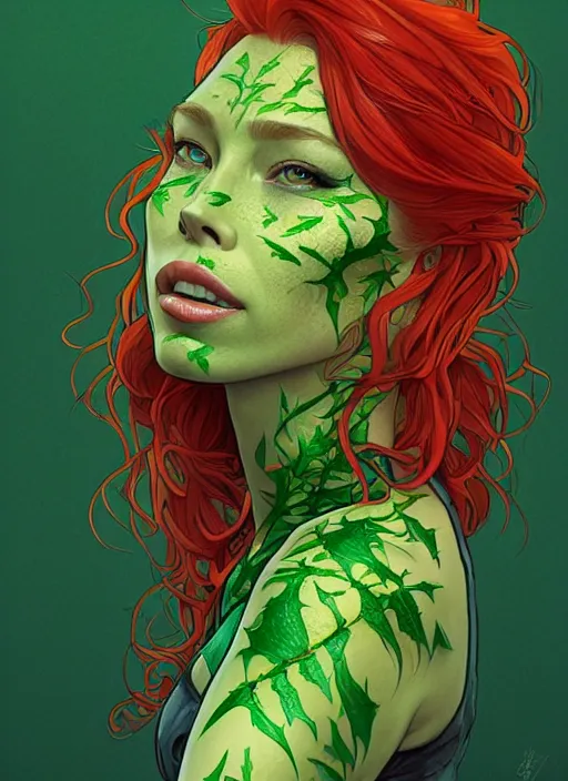 Image similar to jessica biel as poison ivy, character concept art, trending on artstation, red hair, highly detailed, high quality, digital illustration, alena aenami, alphonse mucha, tom bagshaw