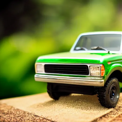 Image similar to a photo of a tiny ford truck ranger 1 9 8 0 on a green leaf, natural sunlight, outdoors, highly detailed macro photography, shallow depth of field, full shot