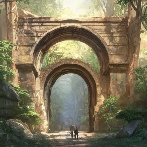 Prompt: concept art painting of an ancient ornate stone archway that is a portal to another world, inside the arch is a magical portal to another dimension, in the woods, realistic, detailed, cel shaded, in the style of makoto shinkai and greg rutkowski and james gurney