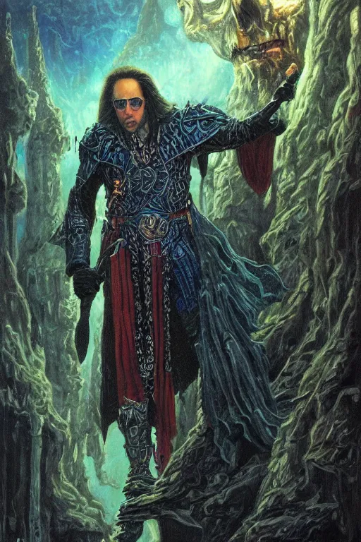 Prompt: Nicolas Cage as wizard, fantasy, intricate, highly detailed, artstation, illustration by ken kelly