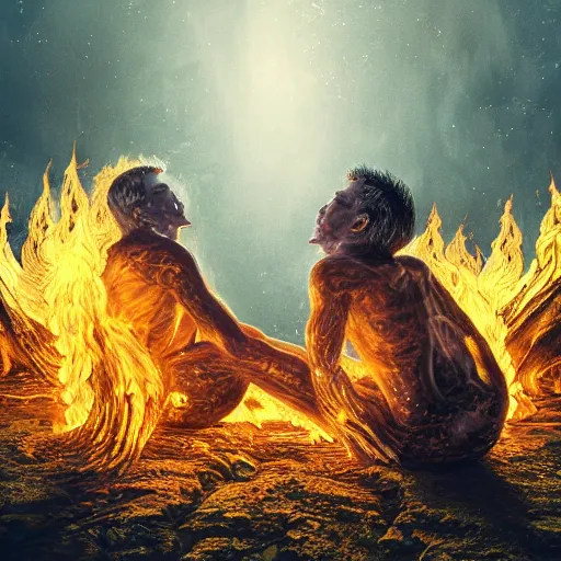 Prompt: two human souls together, stuck, glue dripping souls, extremely detailed, insanely detailed and intricate, high detail, golden fire with smoke background, depth field, unreal engine, 4 k concept art and hyper realism