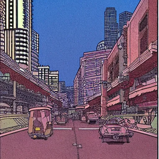 Prompt: a street in singapore, by moebius