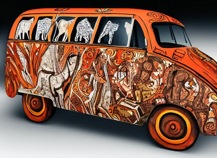 Image similar to painted pattern which depicts figures of ancient hunters, mammoths and vw buses, rock cave painting, red ocher, finger painting