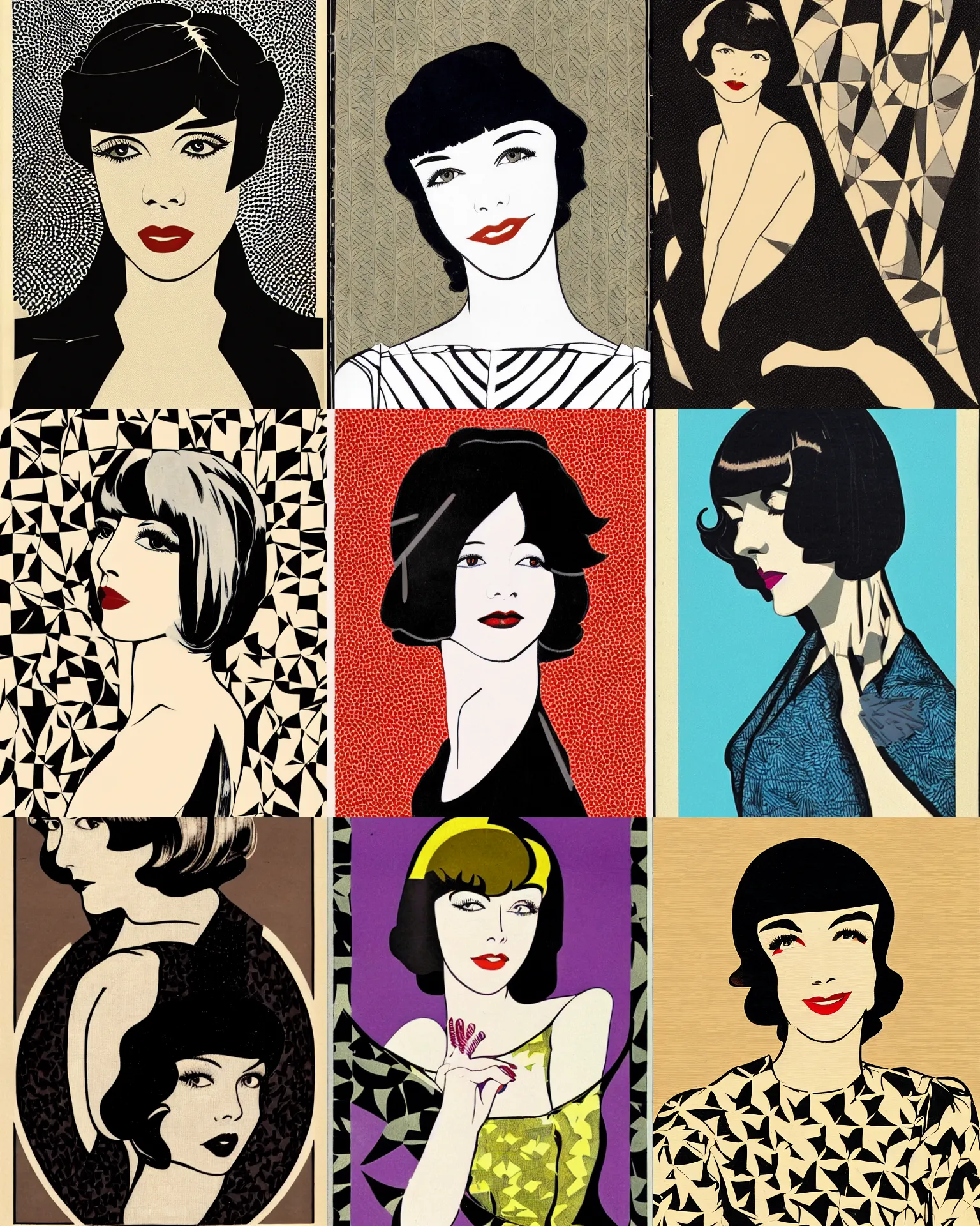 Prompt: Colleen Moore 25 years old, bob haircut, portrait by Patrick Nagel, 1920s, patterned tessellation