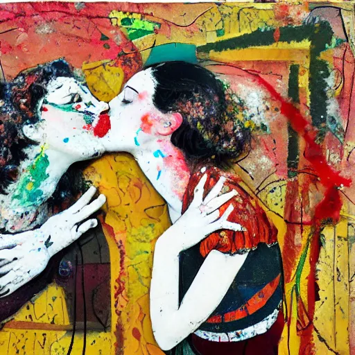 Prompt: two women kissing at a carnival in summer, mixed media collage, retro, paper collage, magazine collage, acrylic paint splatters, bauhaus, claymation, layered paper art, sapphic visual poetry expressing the utmost of desires by jackson pollock