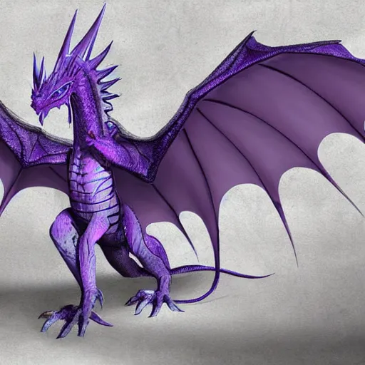 Image similar to a 128 foot tall silver western dragon with purple accents, having a 360 foot long wingspan; The scales smooth and streamlined, while jutting out at the elbows and crest and spine; two wings; long elegant tail; with 4 limbs and 4 claws on each foot; deviantart, furaffinity