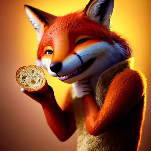 Prompt: weta disney pixar movie still macro close photo of smiling anthropomorphic fox holding on nose a bread with face : : by weta, greg rutkowski, wlop, ilya kuvshinov, rossdraws, artgerm, octane render, iridescent, bright morning, anime, liosh, mucha : :