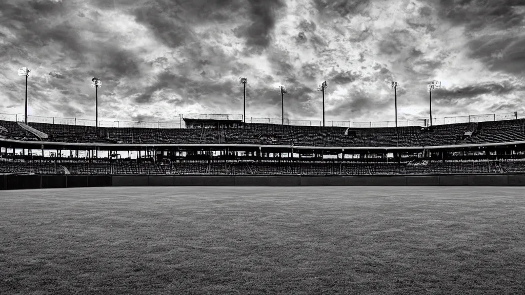 Image similar to a photograph of baseball's field of dreams empty, in the styles of phil alden robinson, mike mandel, and ansel!!! adams!!!. intricate, hyperrealistic, monochrome hdr, accurate