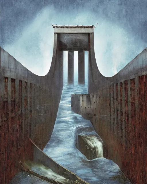 Image similar to illustration of the dam from the 2 0 0 0 s supernatural thriller'the overflow ', a high quality high detail painting by david mattingly and samuel araya and dave mckean and richard corben, hd 4 k 8 k, realistic hyperdetailed scene painting, photorealistic lighting, urban horror aesthetic, composition and scene layout inspired by gregory crewdson and joshua hoffne.