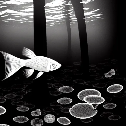 Image similar to a gloomy fish swimming through trees in a black and white forest