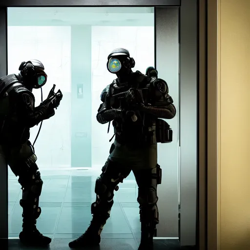 Prompt: a cyberpunk SWAT team breaking down a door, futuristic, 8k, film still s- 150