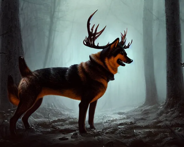 Image similar to 5 5 mm portrait photo of an armored demonic shiba inu with antlers, in a magical forest. dark atmosphere. art by greg rutkowski. highly detailed 8 k. intricate. lifelike. soft light. nikon d 8 5 0.