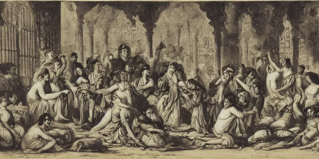 Image similar to sultan and his harem, lithograph