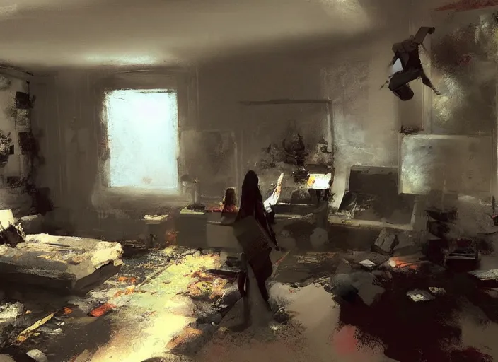 Prompt: a concept art of a 2 0 0 0 teenager's room, artwork by craig mullins