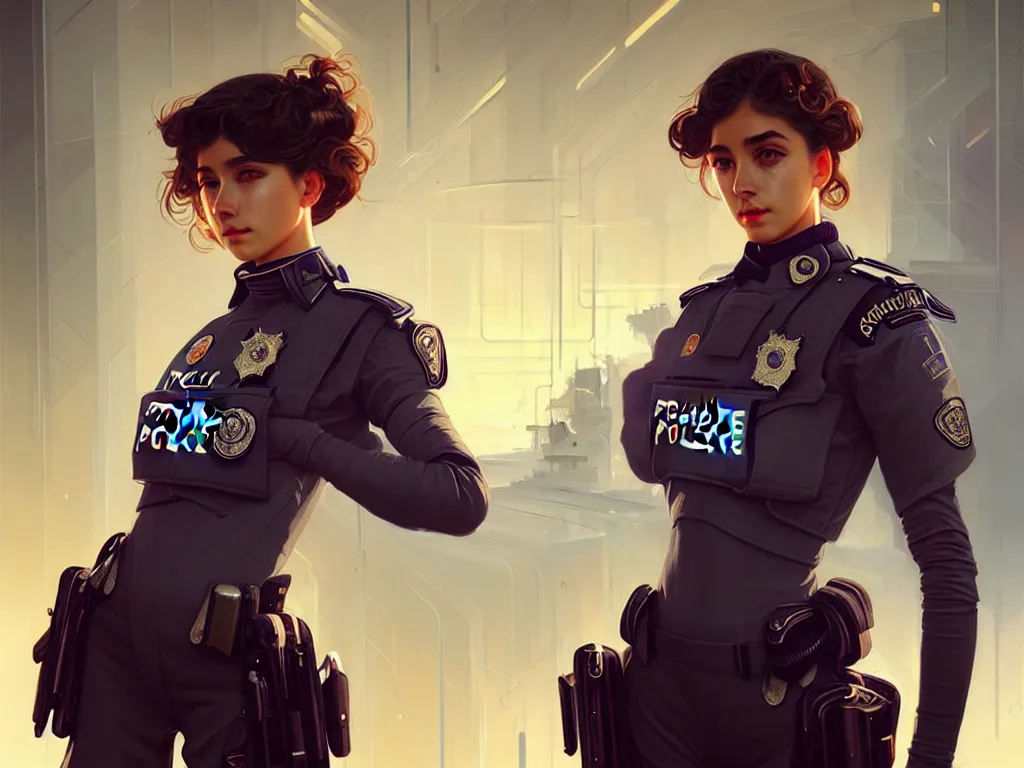 Prompt: portrait futuristic portugal police uniform girl, at future neon light rooftop, ssci - fi and fantasy, intricate and very very beautiful and elegant, highly detailed, digital painting, artstation, concept art, smooth and sharp focus, illustration, art by tan zi and ayanamikodon and alphonse mucha and wlop