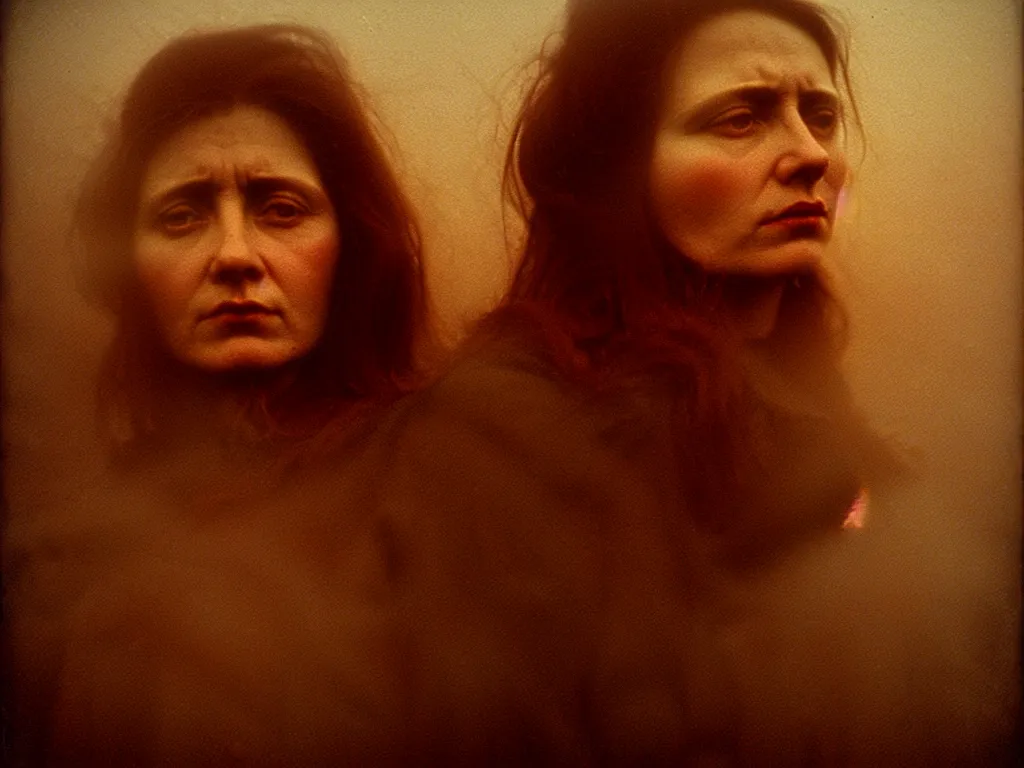 Prompt: portrait bust of woman, solemn expression, faded color film, russian cinema, tarkovsky, kodachrome, heavy forest, long brown hair, old clothing, heavy fog, atmospheric haze, brown color palette, sunset, low light, dramatic lighting