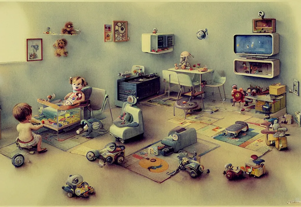 Image similar to toddler ( ( ( ( ( 1 9 5 0 retro futuristic living room. muted colors. toys laying around ) ) ) ) ) by jean baptiste monge