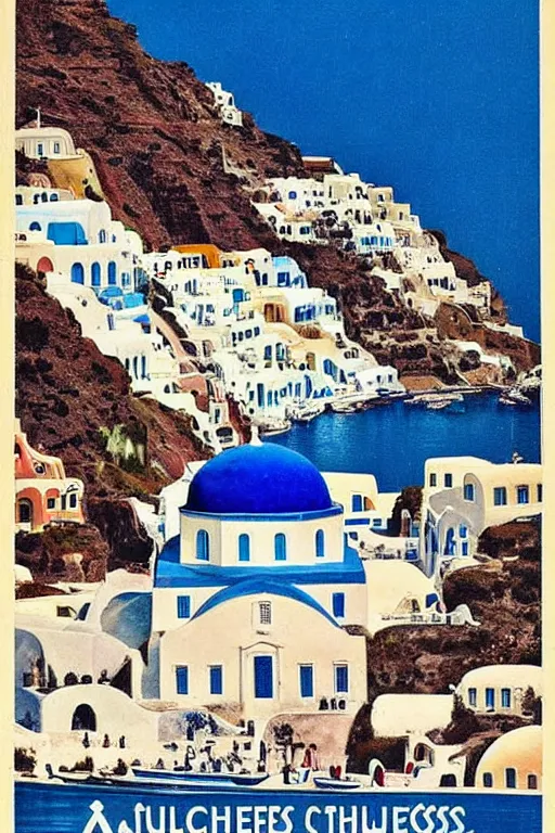 Prompt: Vintage Travel Poster of Santorini Greece, famous blue and white churches, rule of thirds