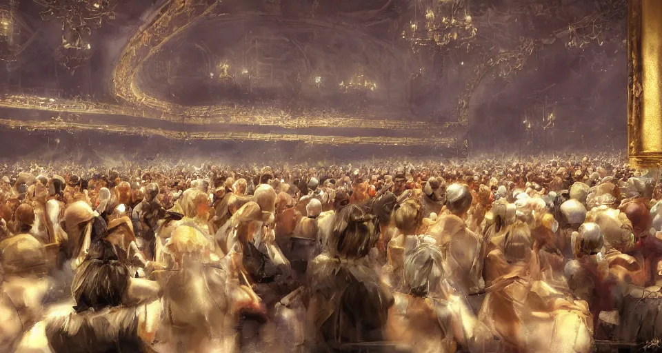 Image similar to craig mullins and ghibli digital art of inside the grand theater, audience, on the stage, masked female violinists, exotic costumes, gold jewelry, black hair, solo performance unreal engine, hyper realism, realistic shading, cinematic composition, realistic render, octane render, detailed textures, photorealistic, wide shot