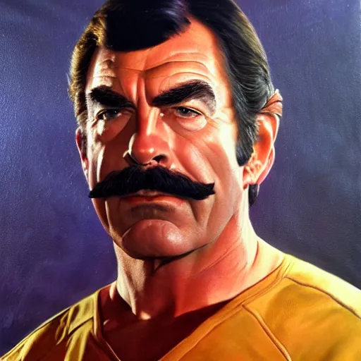 Prompt: ultra realistic portrait painting of tom selleck as spock, art by frank frazetta, 4 k, ultra realistic, highly detailed, epic lighting