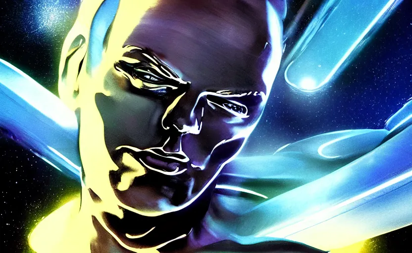 Prompt: silver surfer by bill sienkiewicz, stellar, hiperrealistic neon glow darkness dramatic neon, sharp focus, octane render, imax