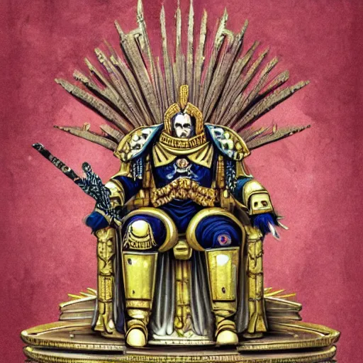 Prompt: Illustration of The Emperor on his Golden Throne. Warhammer 40k
