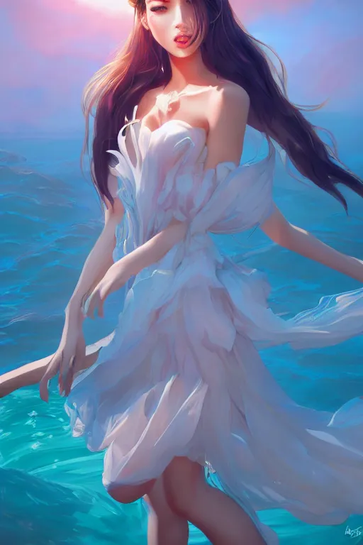 Image similar to a beautiful fashion goddness of love, chic strapless dress, tropical sea background, character design, in the style of artgerm, and wlop, cinematic lighting, hyperdetailed, 8 k realistic, symmetrical, global illumination, radiant light, frostbite 3 engine, cryengine, dof, trending on artstation, digital art