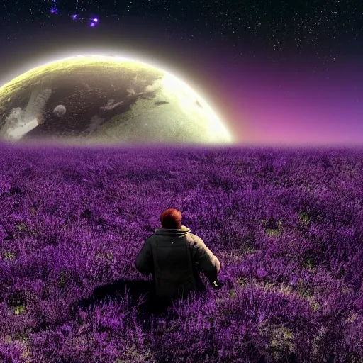 Image similar to lonely astronaut in alien planet filled with plants, with beautiful purple sky, realistic, 4 k, ultra hd