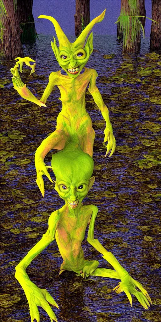 Prompt: malice yellow goblin doll in a lake swamp psx rendered early 90s net art n64 3d 2001