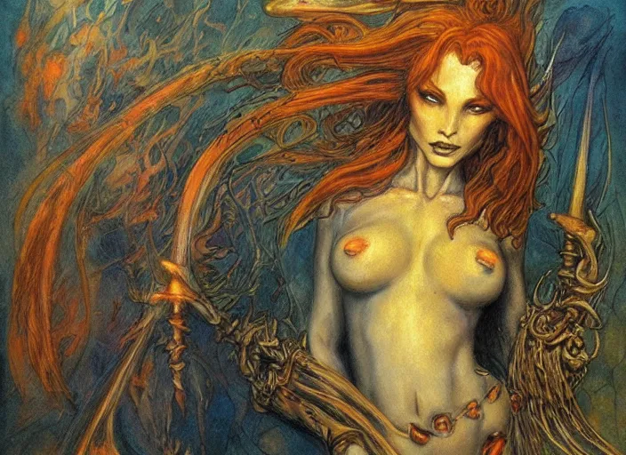 Image similar to portrait of diety of flame, beautiful! coherent! by brom, by brian froud, deep color, strong line, high contrast