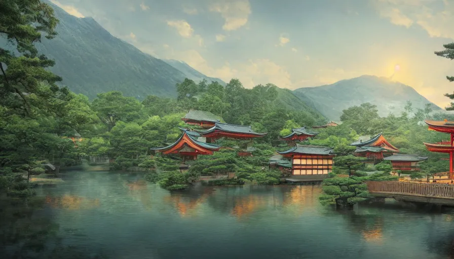 Image similar to japanese village built around a lake with forest at the foot of green gigntic mountains at sunset, fireplace, hyperdetailed, artstation, cgsociety, 8 k