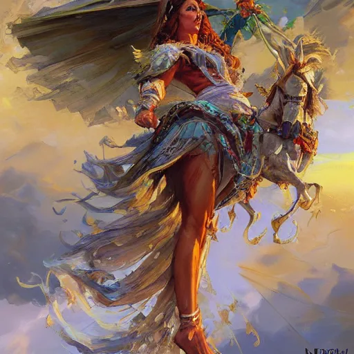 Prompt: the cirrus cloud tribe has brought gifts to our village, fantasy splash art by Michael Garmash, Donato Giancola