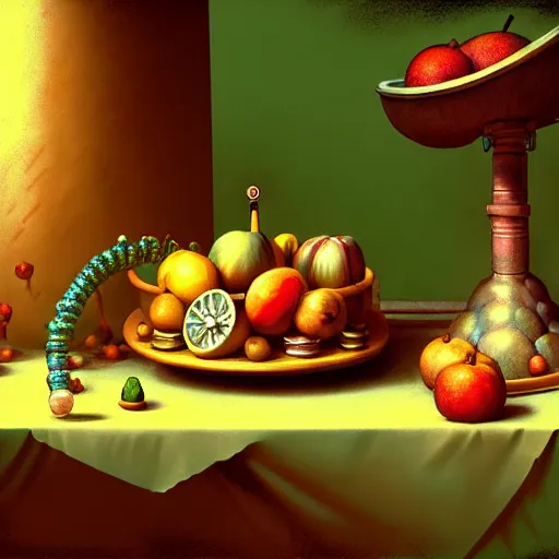 Prompt: hyperdetailed standalone fruit on a table. cyberpunk steampunk solarpunk in the style of a childrenbook illustration. matte background in vibrant pastel tones. 8 x hd in the style of pieter claesz, jacob van es, juan sanchez cotan, jean - baptiste belin.