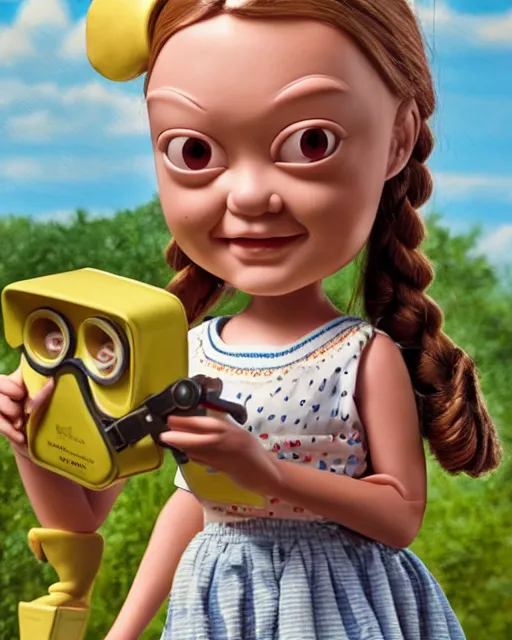 Image similar to closeup face profile portrait of a tin toy greta thunberg as max fleischer character eating cakes, bikini, depth of field, zeiss lens, fashion photoshoot by nicoletta ceccoli, mark ryden, lostfish, breathtaking, detailed and intricate environment, 8 k resolution, extremely detailed, beautiful, establishing shot, artistic, hyperrealistic, octane render