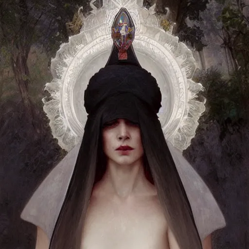 Image similar to portrait of a beautiful ethereal delicate meditative catholic bishopric sacred pose catholic steps of the cross, white hair with big black and red horn, intricate, elegant, highly detailed, digital painting, artstation, concept art, smooth focus et sharp, illustration, art by krenz cushart and artem demura and alphonse mucha