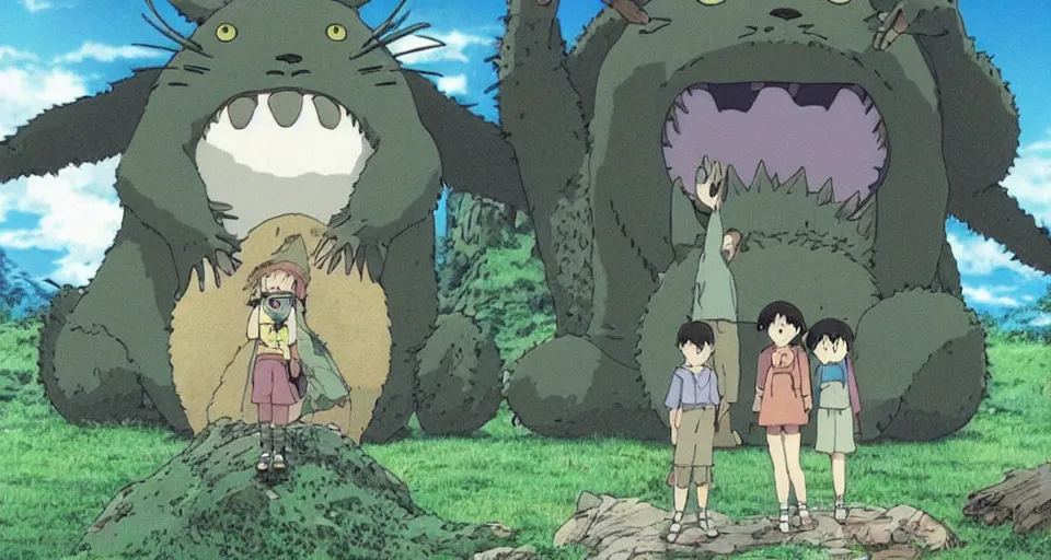 Prompt: Japanese Anime movie, A scene from a Ghibli movie, Totoro looking like Cthulhu.