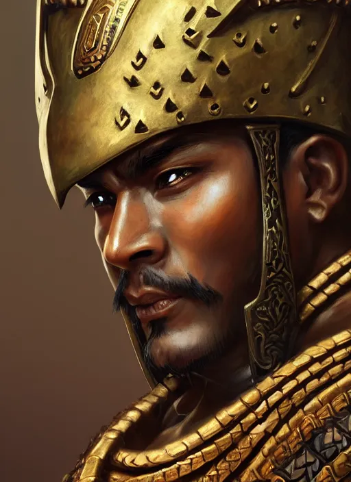 Image similar to smart tai warlord, closeup portrait, historical hero, ethnic group, sukhothai costume, bronze headset, intricate, with leather armor cross on bare chest, tai body tattoo, elegant, loin cloth, highly detailed, oil painting, artstation, concept art, matte, sharp focus, illustration, hearthstone, art by earl norem