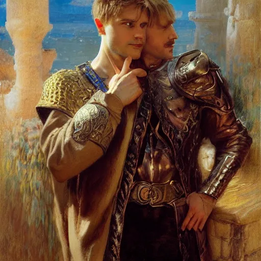 Image similar to attractive male, arthur pendragon who has blond hair confesses his love to attractive male, merlin who has dark hair. highly detailed painting by gaston bussiere, craig mullins, j. c. leyendecker 8 k