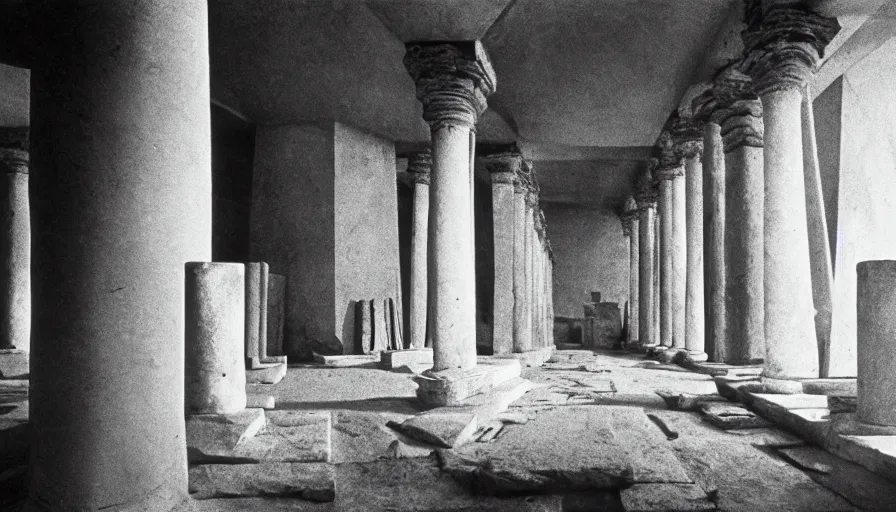 Image similar to 1 9 7 0 s andrei tarkovsky movie still of a pyramid building with columns, by piranesi, panoramic, ultra wide lens, cinematic light, anamorphic, marble hole