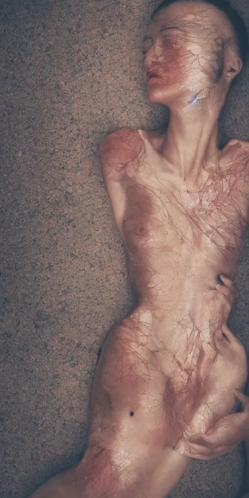 Image similar to abstract beautiful human bodies, photosynthesis, skin, highly detailed, cinematic