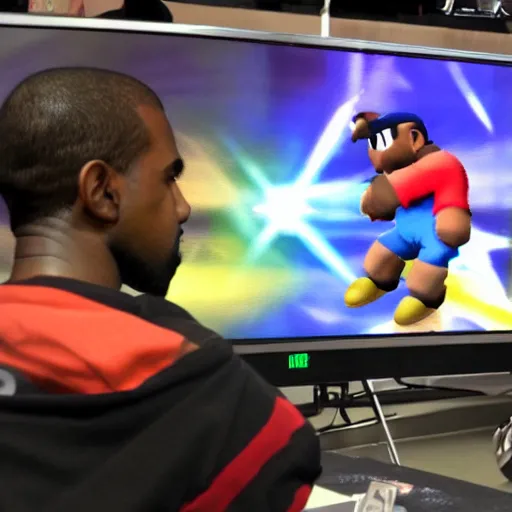 Image similar to Photo of Kanye West playing Super Smash Bros Melee at EVO 2016 holding a gamecube controller, photo, high quality, 4k