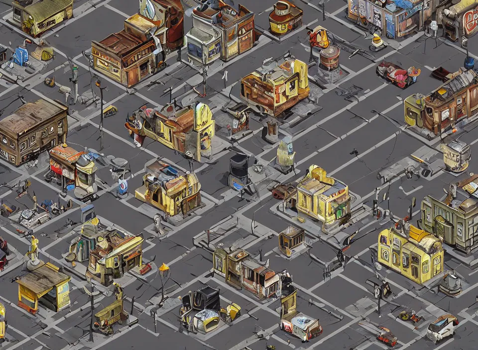 Prompt: Screenshot of a Polish city street in Fallout 2 (1998), isometric perspective, postapocalyptic, bird's eye view, prerendered isometric graphics, high quality