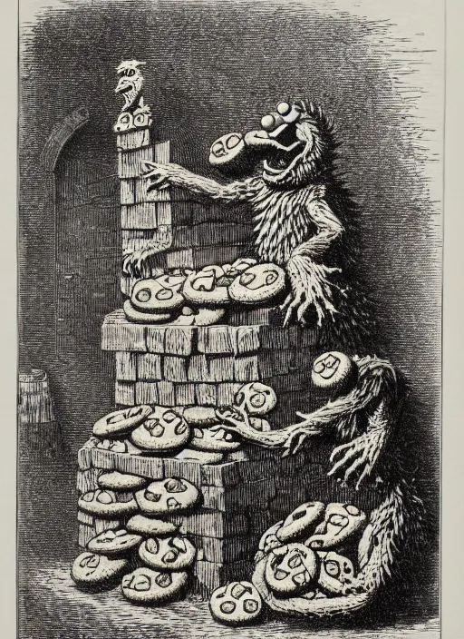 Image similar to cookie monster sits upon a throne of cookies, demon from the dictionarre infernal, etching by louis le breton, 1 8 6 9, 1 2 0 0 dpi scan, ultrasharp detail, clean scan