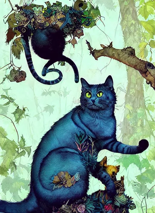 Image similar to a hyper realistic ink cat alien technology and sunbeams blue sky, lush forest foliage painting by chiara bautista and norman rockwell and greg rutkowski weta studio, and lucasfilm